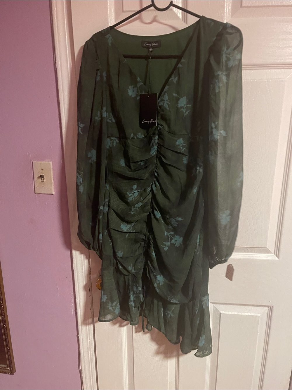 emory park Dark Green Dress with Blue Floral Print and Ruffle Hem